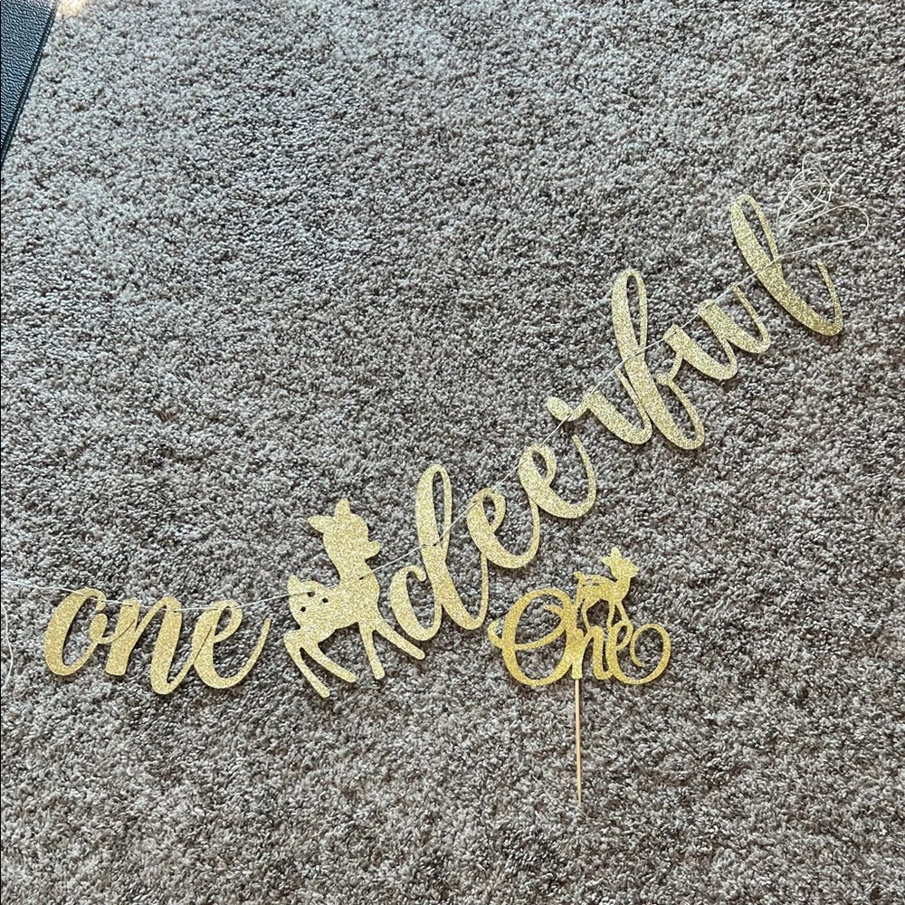 Gold Cheerful”One deerful” Birthday Banner and Cake Topper Set